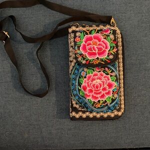 Avon Black Crossbody Bag with Pink Floral Embroidery